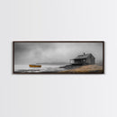 Foggy Lake, Yellow Boat, Rustic Cabin, Coastal Calm, Framed Canvas Print, Autumn Wall Art, Bedroom Decor, Minimalist Nature Photography