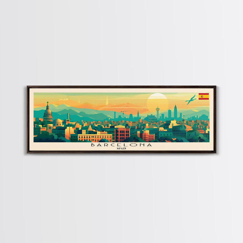 Barcelona Spain Travel Print Wall Art, Panoramic City Art, Travel Art, Wall Decor, Vacation Gift, Framed Canvas Print Or Metal Art