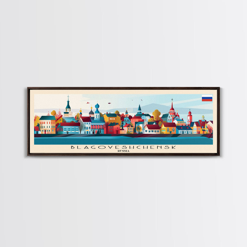 Blagoveshchensk Russia Travel Art, City Art, Framed Canvas Print or Metal Wall Art, Europe Travel Poster, Panoramic Wall Art, Extra Wide Wall Art