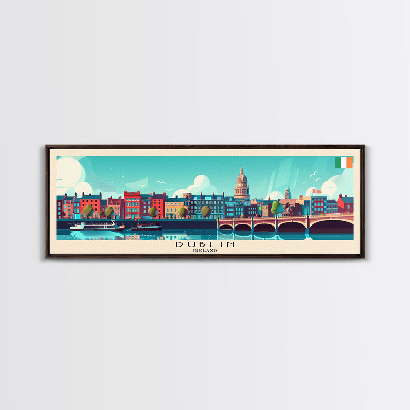 Dublin Ireland Panoramic Travel Poster, Framed Canvas Print or Metal Wall Art, Travel Art, Home Decor, Panoramic Painting, Midcentury Art