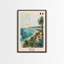Nice France Travel Poster Framed Canvas Print, Coastal Watercolor Painting, Scenic Wall Art, Home Decor, Vacation Art, Unique Art