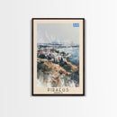 Piraeus Greece Travel Poster Framed Canvas Print, Watercolor Painting, Coastal Wall Art, Home Decor, Greek Seaside, Vibrant Art
