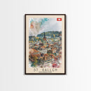 St Gallen Switzerland Travel Poster Framed Canvas Print, Watercolor Painting, Scenic Wall Art, Home Decor, Swiss Landscape, Classic Art