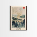 Zurich Switzerland Travel Poster Framed Canvas Print, Watercolor Painting, Urban Wall Art, Home Decor, Swiss Cityscape, Elegant Gift
