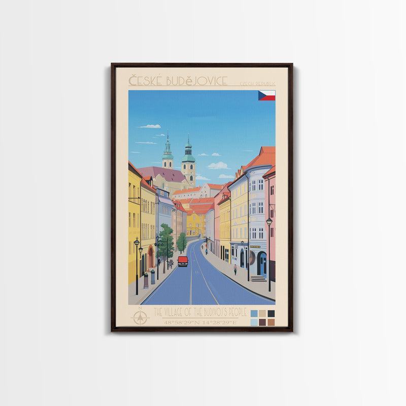 ÄŒeskÃ© BudÄ›jovice Czech Republic Travel Poster Framed Canvas Print, Midcentury Modern Art, Pop Art Decor, Living Room Wall Art