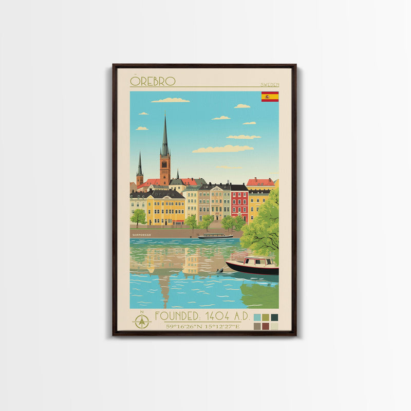 Ã–rebro Sweden Travel Poster Framed Canvas Print, Midcentury Modern Art, Pop Art Wall Decor, Living Room Art, Home Decoration