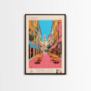 Oviedo Spain Travel Poster Framed Canvas Print, Midcentury Modern Art, Pop Art Wall Decor, Scenic Wall Art, Bedroom Decoration