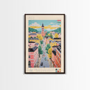 Pécs Hungary Travel Poster Framed Canvas Print, Midcentury Modern Art, Pop Art Wall Decor, Living Room Art, Home Decoration