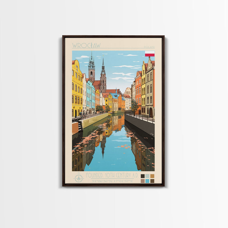 WrocÅ‚aw Poland Travel Poster Framed Canvas Print, Midcentury Modern Art, Pop Art Wall Decor, Living Room Art, Scenic Wall Art