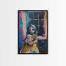 Halloween Creepy Girl with Doll, Framed Canvas Print, Wall Art, Living Room Decor, Spooky, Girl Art, Original Painting, Home Decor