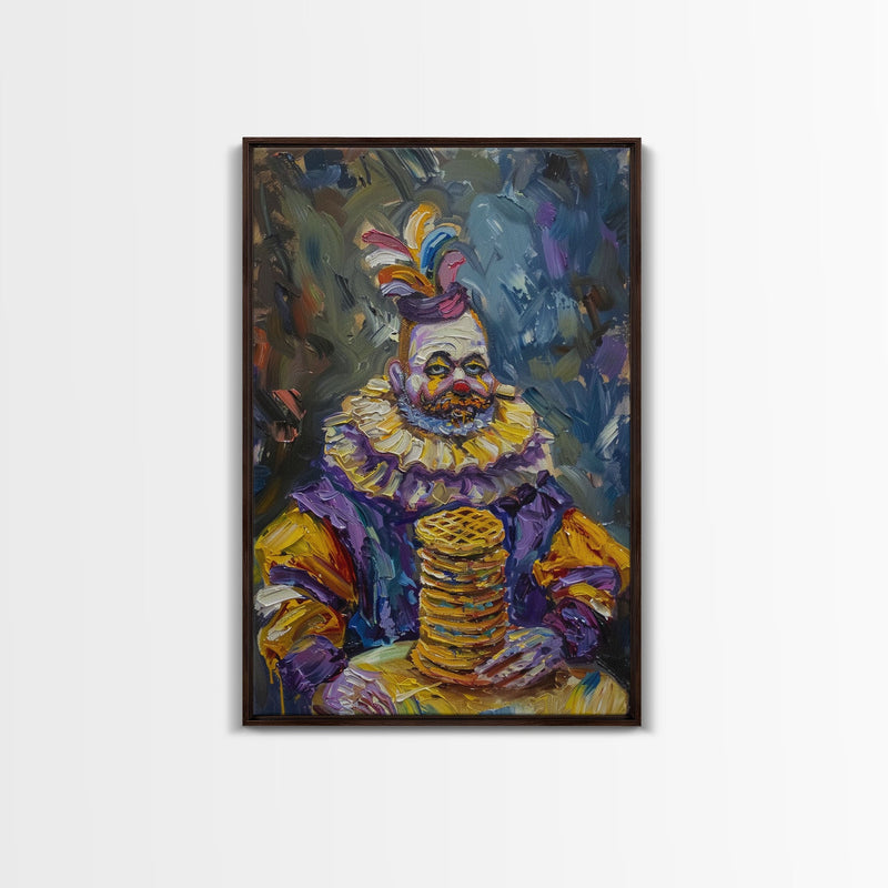 Whimsical Clown with Pancakes Framed Canvas Print | Halloween Circus Art | Spooky Clown Decor | Fun Circus Clown Art for Home Decoration