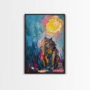 Halloween Art of a Werewolf in a Dress Eating Pizza Under the Moonlight, Perfect for Adding a Playful Touch to Spooky Decor