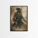 Skeleton Pirate Wielding Sword on Ghost Ship - Haunted Halloween Adventure Framed Canvas Print, Mysterious Gothic Wall Decor
