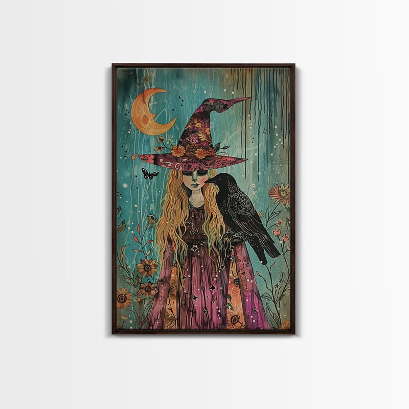 Witch with Owl in Magical Forest - Halloween Art, Gothic Art, Spooky Decor, Dark Magic Art, Enchanted Woods, Framed Canvas Print