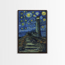 Starry Night Inspired Haunted Light House Framed Canvas Print, Van Gogh Inspired, Spooky Season Halloween Art