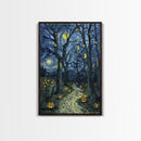Dark Steamy Train at Night Framed Canvas Print, Halloween Wall Art, Spooky Train Station Decor, Haunted Transportation Artwork, Ghostly Art