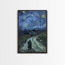 Haunted Road with Jack-O-Lanterns Framed Canvas Print, Halloween Wall Art, Starry Night Inspired, Home Decor, Spooky Art, Living Room Decor