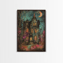 Enchanted Gothic House Framed Canvas Print, Halloween Wall Art, Spooky Art, Home Decor, Living Room Decor, Gothic Artwork, Haunted House
