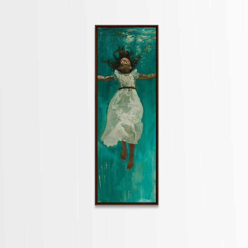 Abstract Modern Canvas Art of Woman Underwater, Ocean Wall Art, Coastal Wall Art Print, Oversized Tall and Narrow Canvas Art