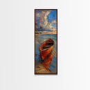 Red Boat on Sandy Shore with Palm Trees - Framed Canvas Print, Midcentury Modern Wall Art, Skinny Art, Tall Art, Living Room Decor