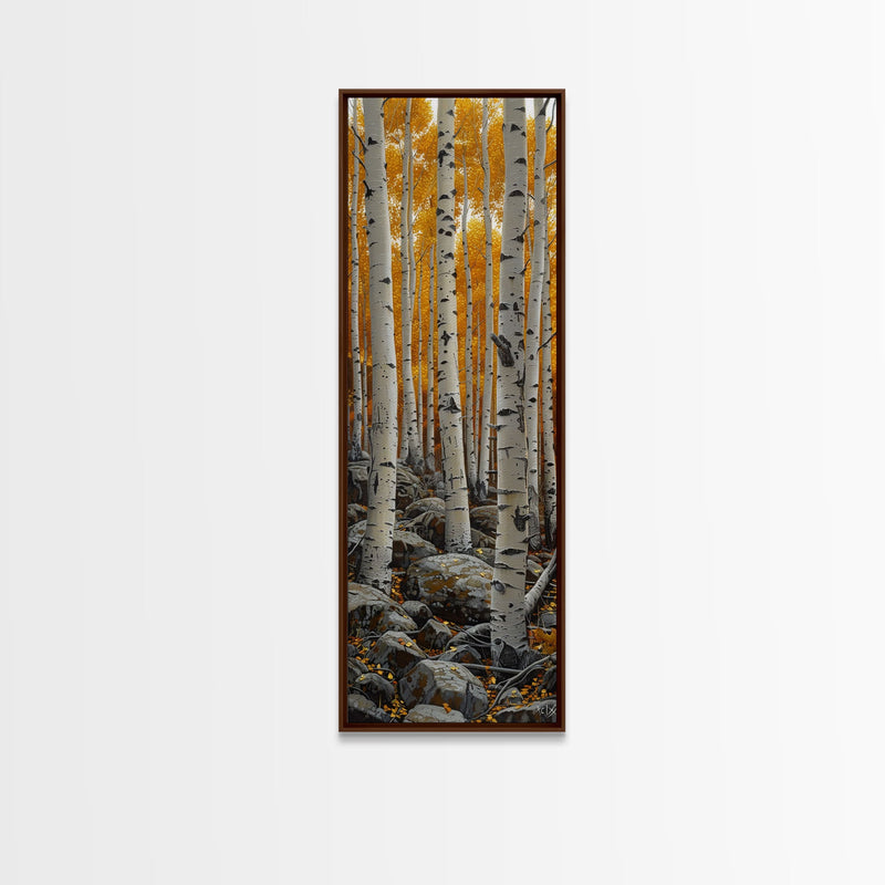 Birch Tree Forest, Framed Canvas Print, Skinny / Tall Wall Art, Living Room Decor, Landscape Painting, Nature Decor