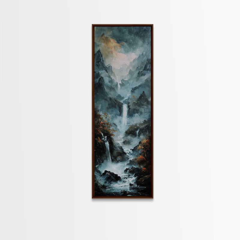 Waterfalls Against A Dark Mountain Landscape, Framed Canvas Print, Wood Frame Wall Art, Unique Decor, Farmhouse Wall Art, Tall / Skinny Wall Art