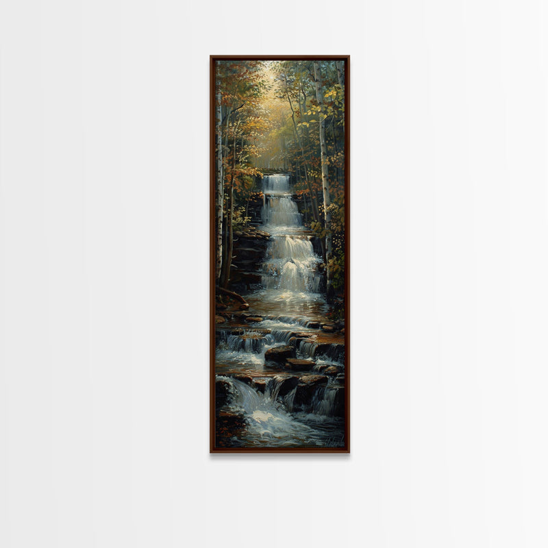 Beautiful Stream Cascading Waterfalls In The Forest at Golden Hour, Framed Canvas Print, Boho Style Landscape Painting Print