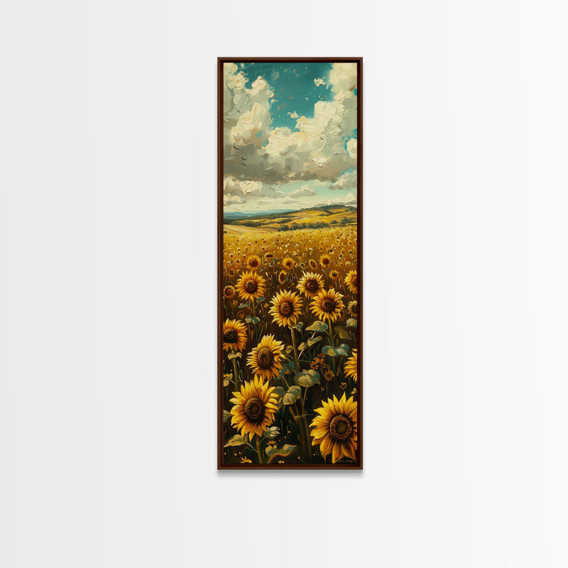 Bright Sunflowers Field Warm Countryside Farmhouse Wall Art Framed Canvas Print Tall Art Ukiyo-e Japanese Style Art