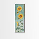 Japanese Skinny Art of Sunflowers with Golden Petals and Verdant Stems on a Pastel Blue Background – Framed Canvas Print