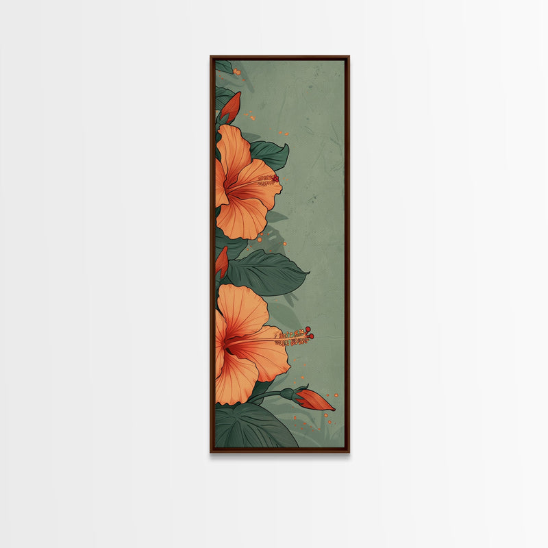 Bright Hibiscus Flowers Ukiyo-e Inspired Art, Framed Canvas Print Ideal for Tall Skinny Spaces, Japanese Floral Design