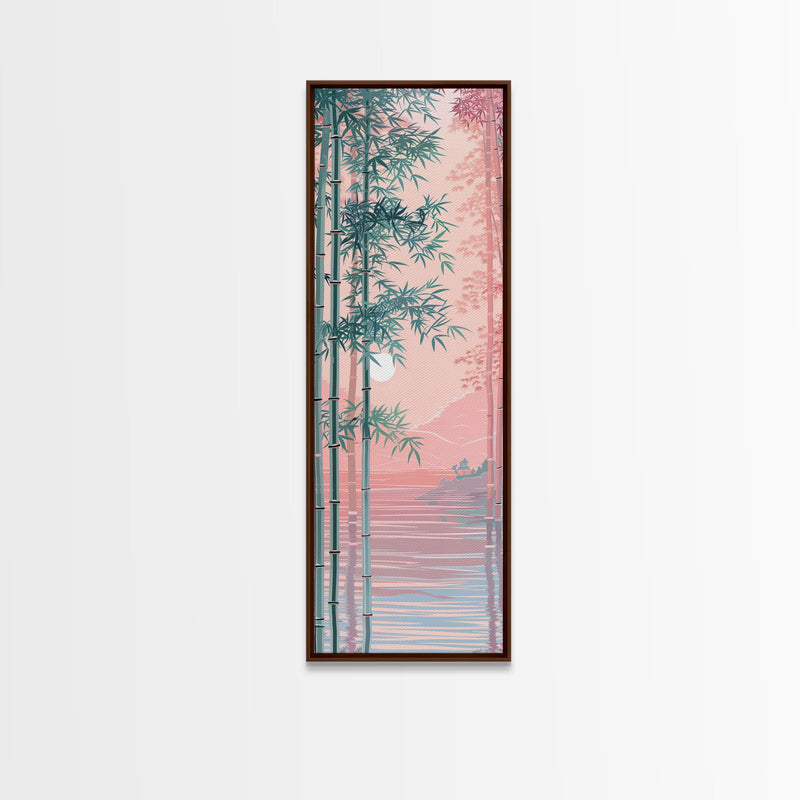 Bamboo Forest, Soft Pink Light, Japanese Art, Skinny Art, Tall Art, Framed Canvas Print, Ukiyo-e Style