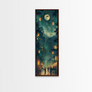 Framed Canvas Print Of A Nighttime Japanese Festival Scene With Lanterns And Pine Trees, Traditional Wall Art Ready To Hang