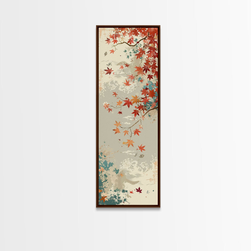 Autumn Maple Leaves in Japanese Garden Ukiyo-e Style Art Skinny Framed Canvas Print with Subtle Color Palette