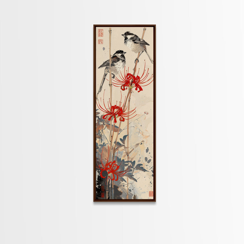 Blossoming Pink Flowers Bold Red Accents Skinny Art Tall Art Framed Canvas Print Japanese Style Art Ukiyo-e Art Wood Block Print Feminine