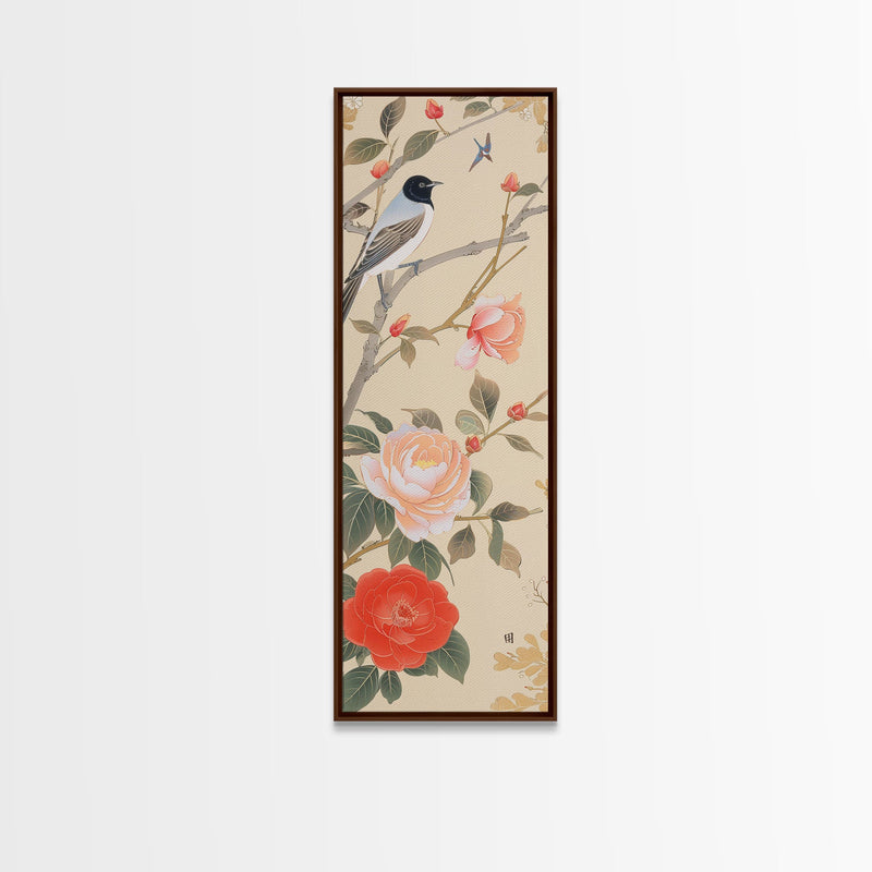 Bird On Branch With Red Peonies And Green Leaves Tall Art Skinny Art Framed Canvas Print Japanese Style Art Ukiyo-e Wood Block Print