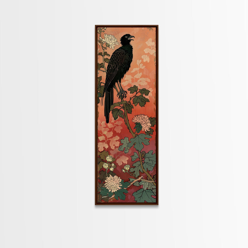 Black Bird On Flowering Branch With Orange Background Tall Art Skinny Art Framed Canvas Print Japanese Style Art Ukiyo-e Wood Block Print