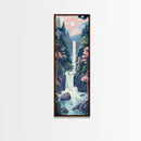 Waterfall Through Rocky Cliff Surrounded By Pine Trees Tall Art Skinny Art Framed Canvas Print Japanese Style Art Ukiyo-e Wood Block Print