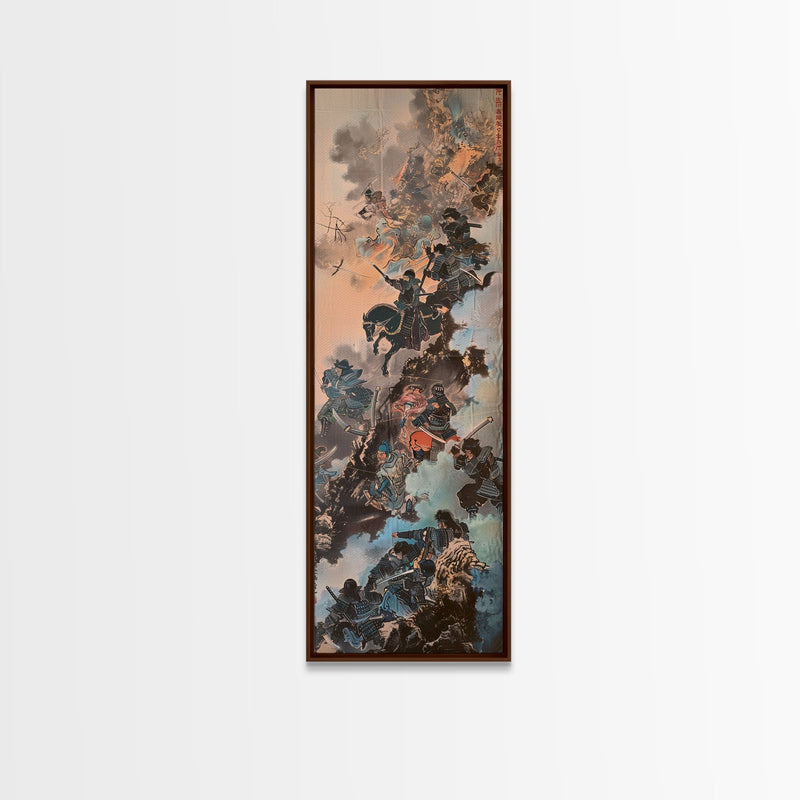 Warriors In A Dynamic Battle Scene With A Dramatic Sky And Fiery Background, Tall Skinny Art Wall Art Framed Canvas Print Japanese Style Art