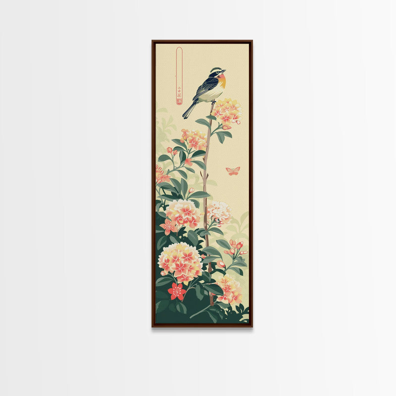 Bird Perched On Floral Branch With Butterfly Ukiyo-e Art Framed Canvas Print Japanese Style Tall Art Wood Block Print Skinny Art