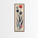 Minimalist Tulips In Red And Gray On Beige Background Framed Canvas Print Ukiyo-e Art Wood Block Print Japanese Style Skinny Art Tall Art
