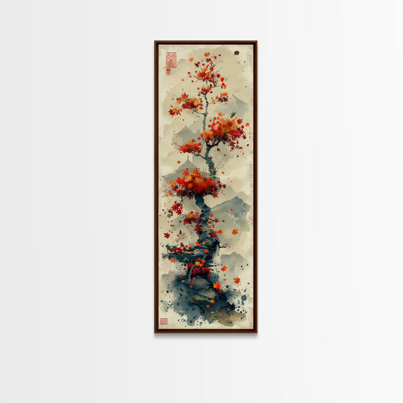 Autumn Bonsai Tree Traditional Japanese Style Nature Art On Framed Canvas Print In Ukiyo-e Art Design Tall Skinny Wood Block Wall Decor