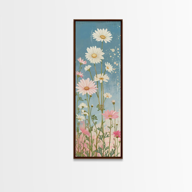 White Daisies Blossoms Japanese Tall Wall Art Blue Background Skinny Framed Canvas Print Ukiyo-e Style