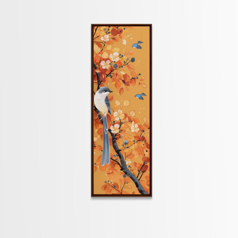 Birds Among Autumn Leaves Japanese Style Tall Wall Art Skinny Framed Canvas Print Woodblock Print