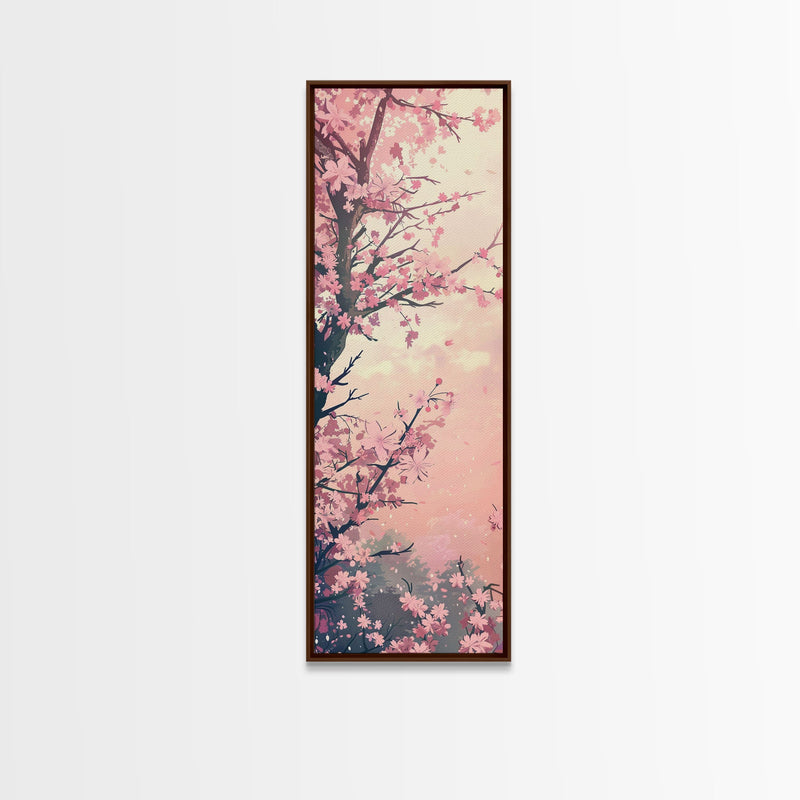 Beautiful Cherry Blossoms Blooming On Tree Branch Against Soft Pastel Background Captured Tall Framed Canvas Print Floral Home Decor