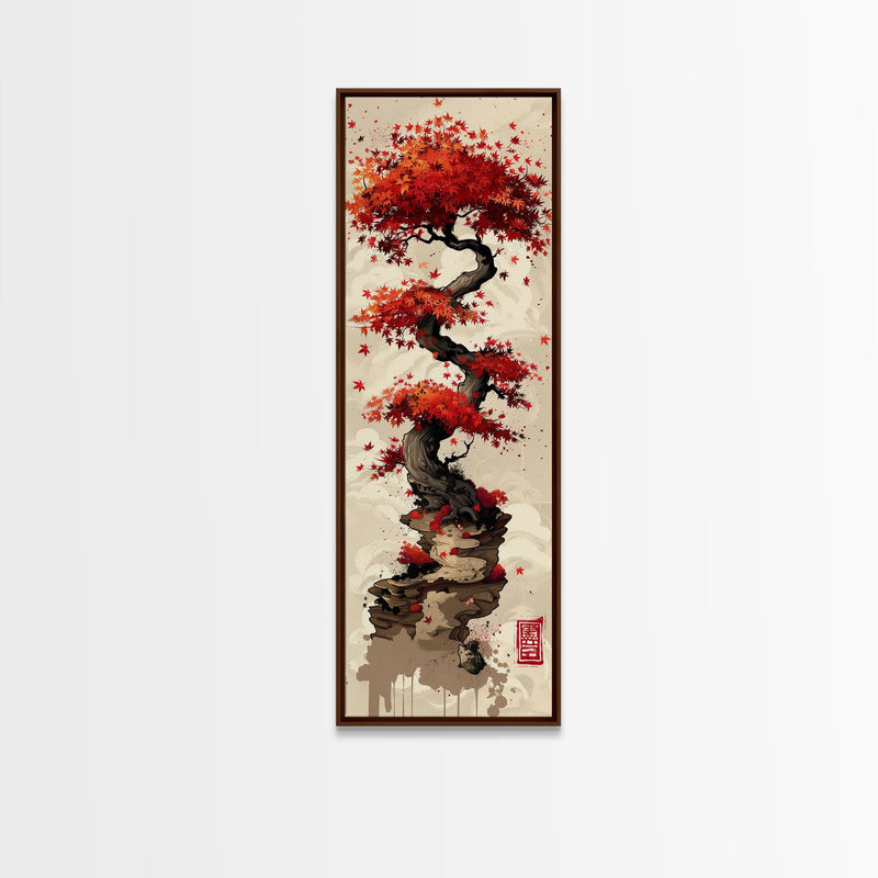 Vibrant Red Maple Tree with Twisting Branches on a Beige Background Ukiyo-e Art Japanese Framed Canvas Print Skinny Tall Art