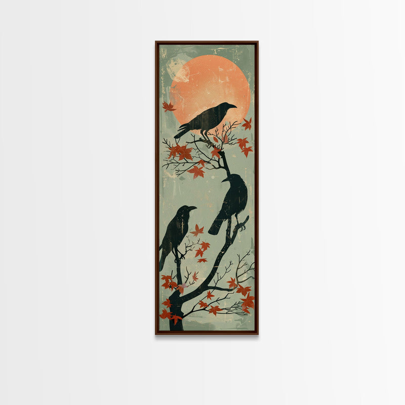 Black Crows Japanese Art Skinny Wall Art Framed Canvas Print on Branches with Red Maple Leaves Against Warm Orange Sun