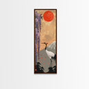 Japanese Crane Skinny Wall Art Framed Canvas Print in a Garden with Wisteria Flowers and Mount Fuji in the Background