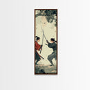 Skinny Art Tall Art Samurai Duel Wood Block Print Japanese Style Art Intense Battle Between Two Warriors Framed Canvas Print