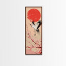 Elegant Crane Bird In Mid-flight Against Bold Red Sun Ukiyo-e Tall Skinny Wood Block Framed Canvas Print Japanese Style Art