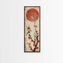 Delicate Birds Perched On Blooming Branch With Red Sun For Traditional Japanese Wall Art Decor Ukiyo-e Style Framed Canvas Print